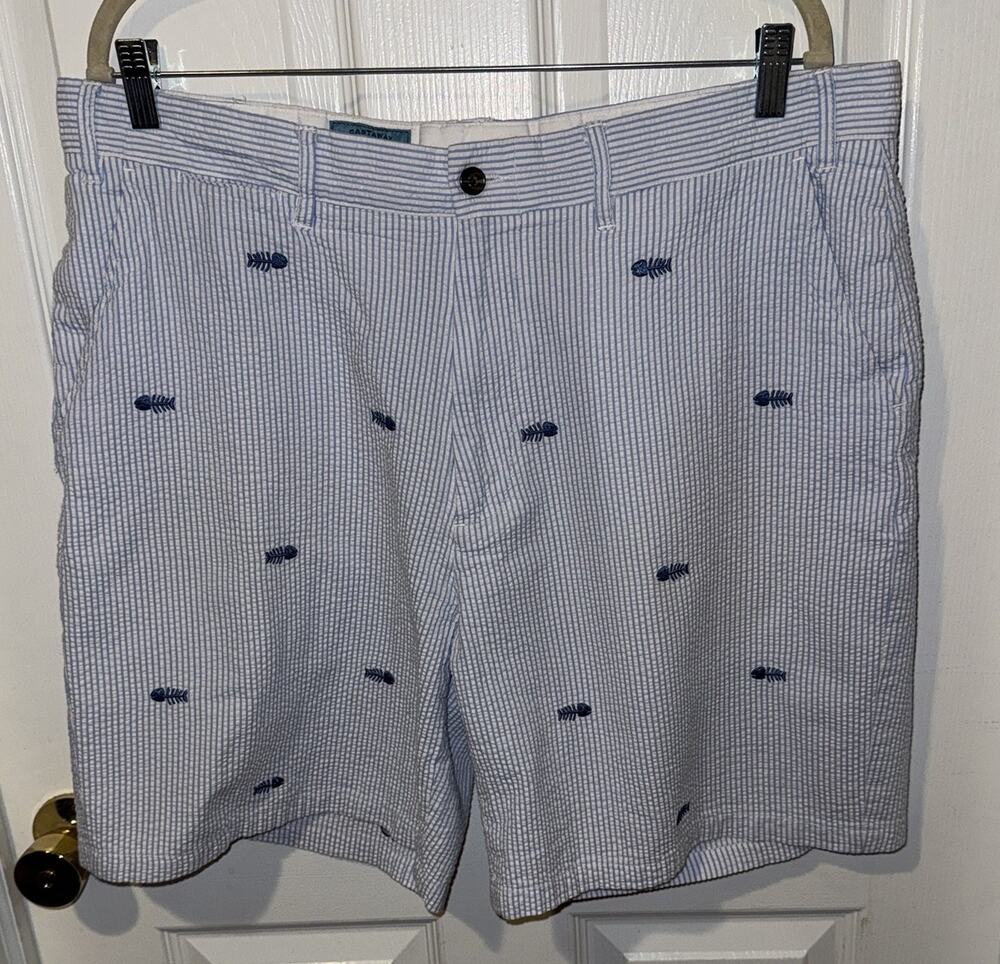 Castaway Nantucket Cisco Shorts 38W Blue Striped Seersucker Allover Bonefish